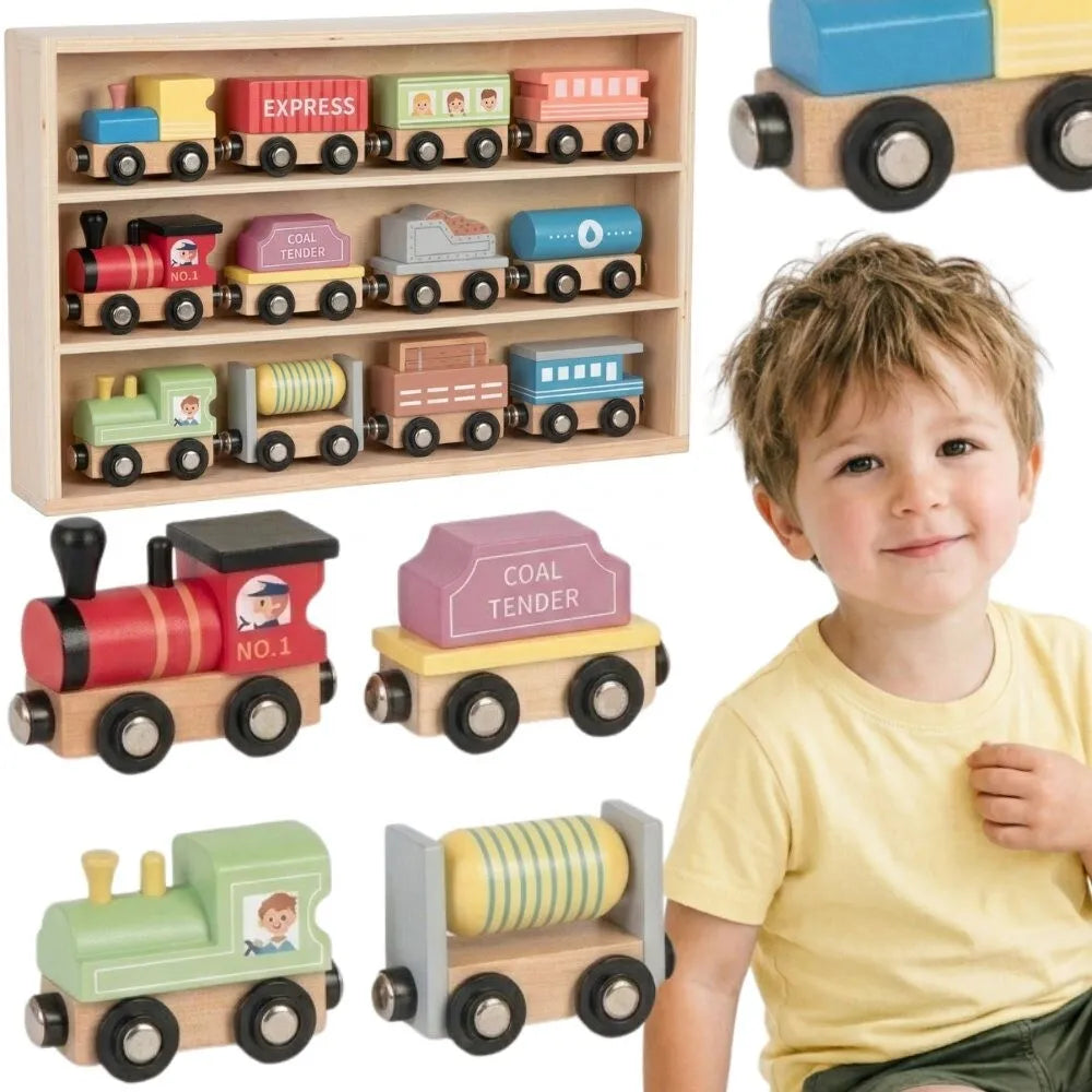 Tooky Toy mediniai magnetiniai vagonėliai ir lokomotyvai